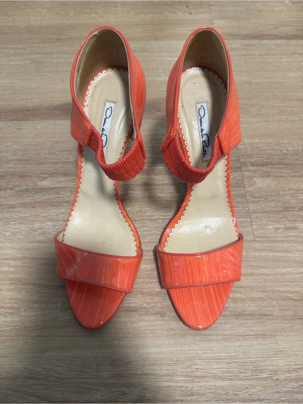 Oscar de la Renta Orange Striated Open-Toe Ankle-Strap Heels
